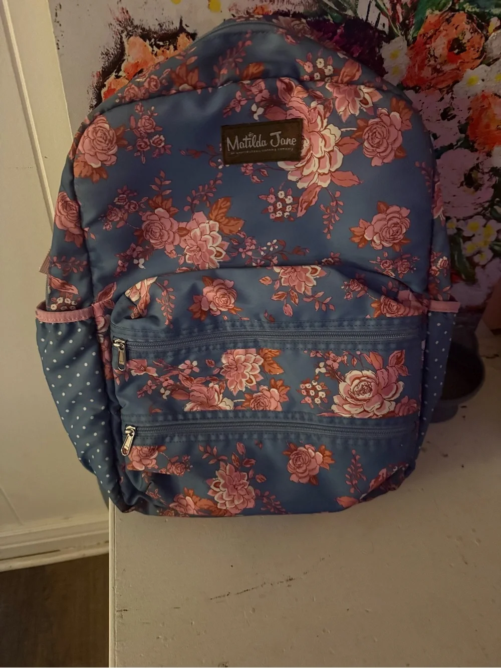 Matilda Jane Blue Floral Backpack with Pink Roses GUC